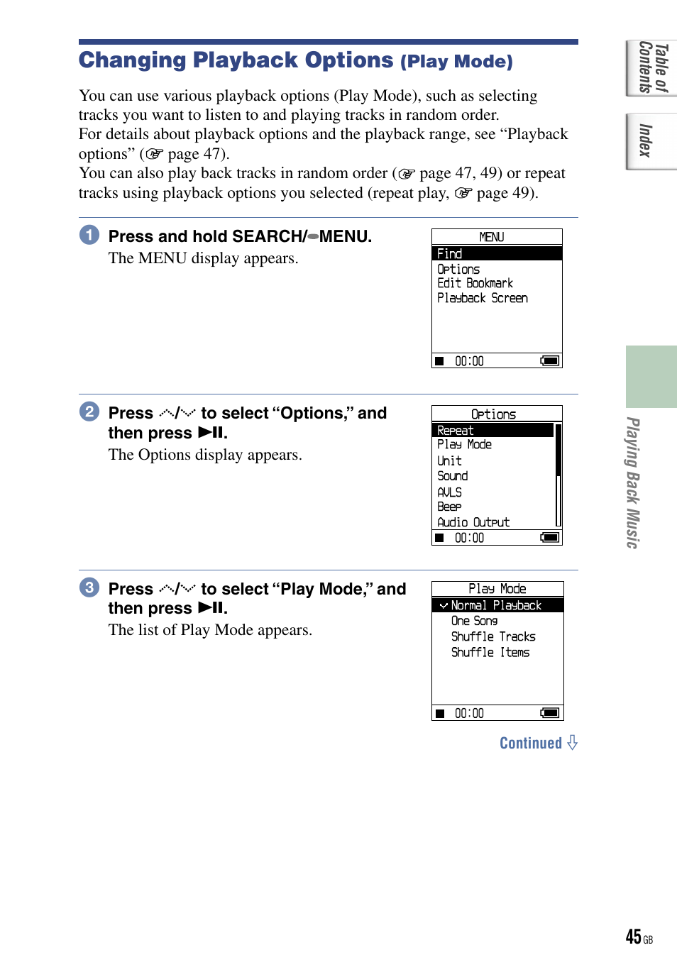 Changing playback options | Sony NW-HD5 User Manual | Page 45 / 82