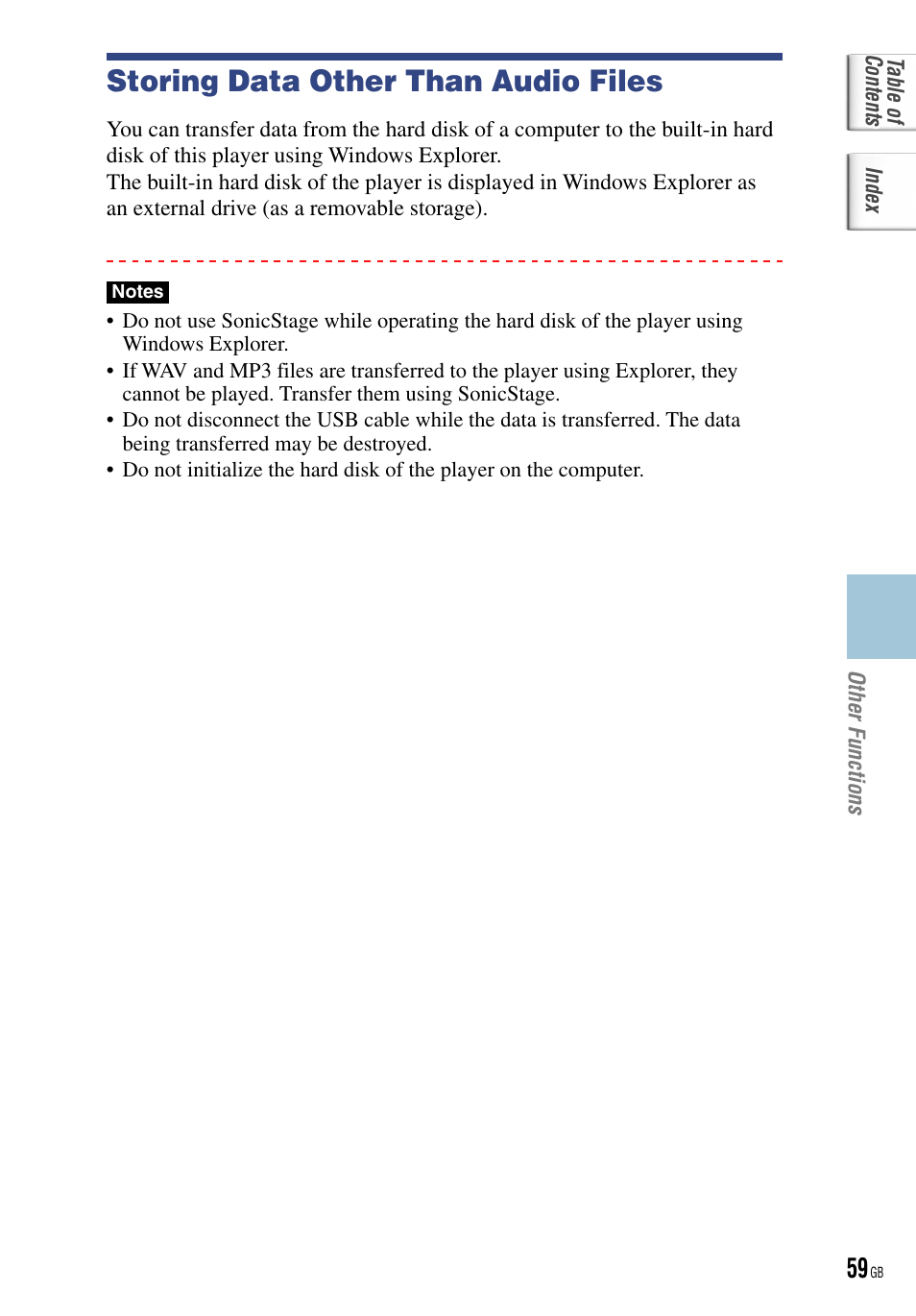 Storing data other than audio files | Sony NW-HD5 User Manual | Page 59 / 82