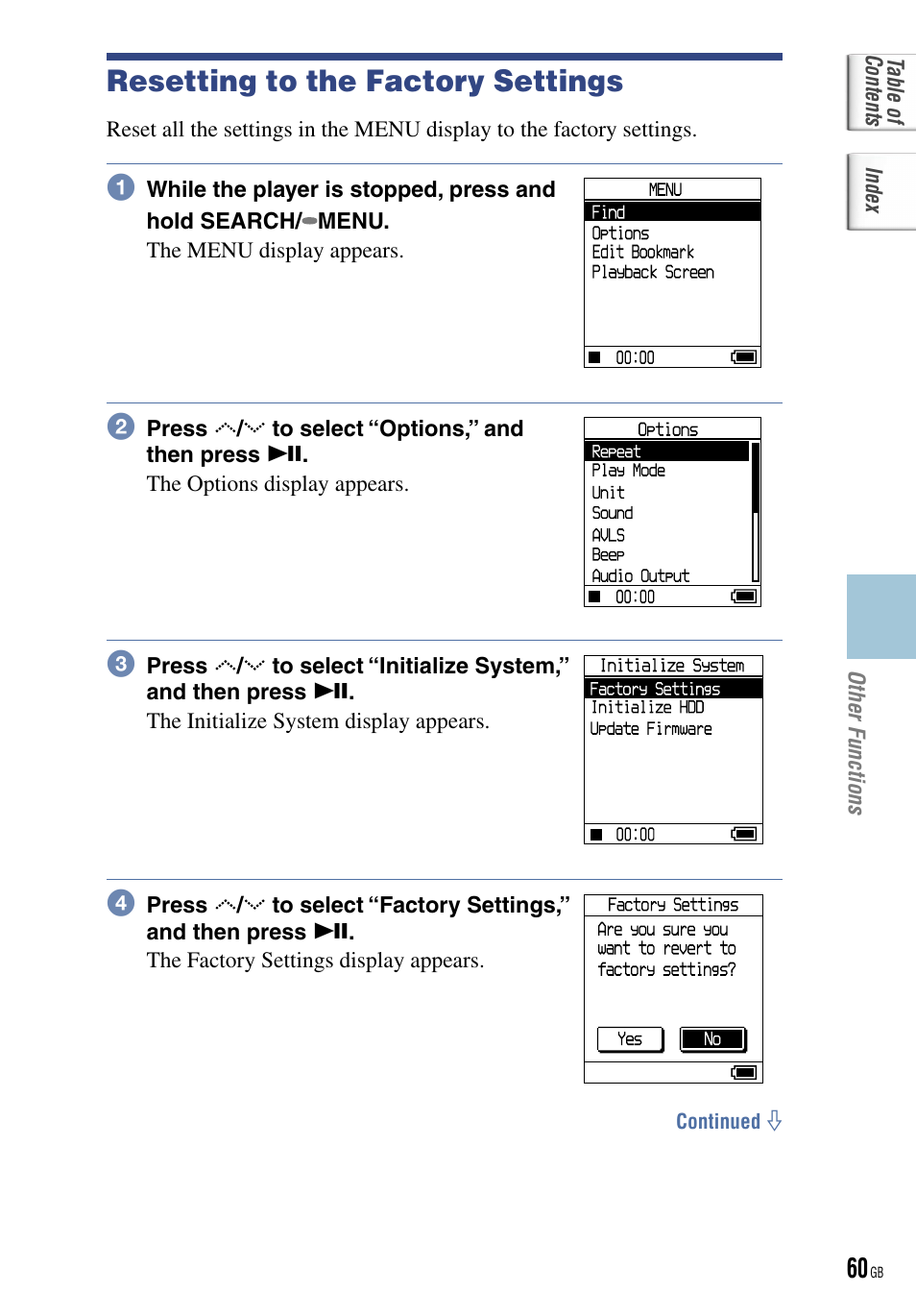 Resetting to the factory settings | Sony NW-HD5 User Manual | Page 60 / 82