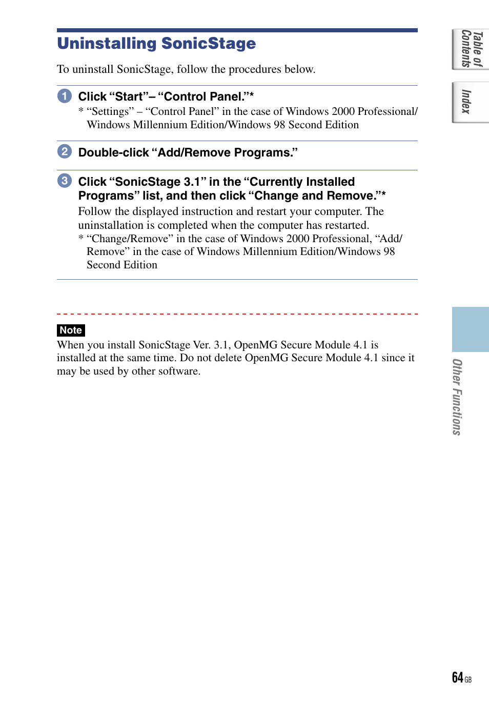 Uninstalling sonicstage | Sony NW-HD5 User Manual | Page 64 / 82
