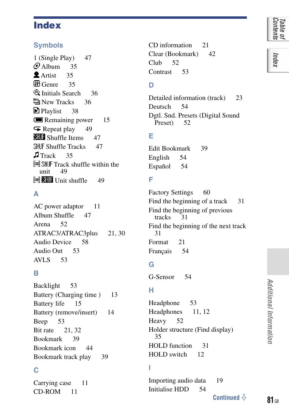 Index | Sony NW-HD5 User Manual | Page 81 / 82