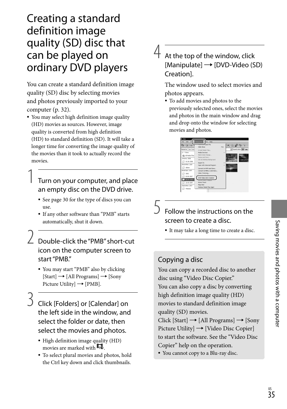 Copying a disc, On ordinary dvd players | Sony HDR-XR500V User Manual | Page 35 / 131