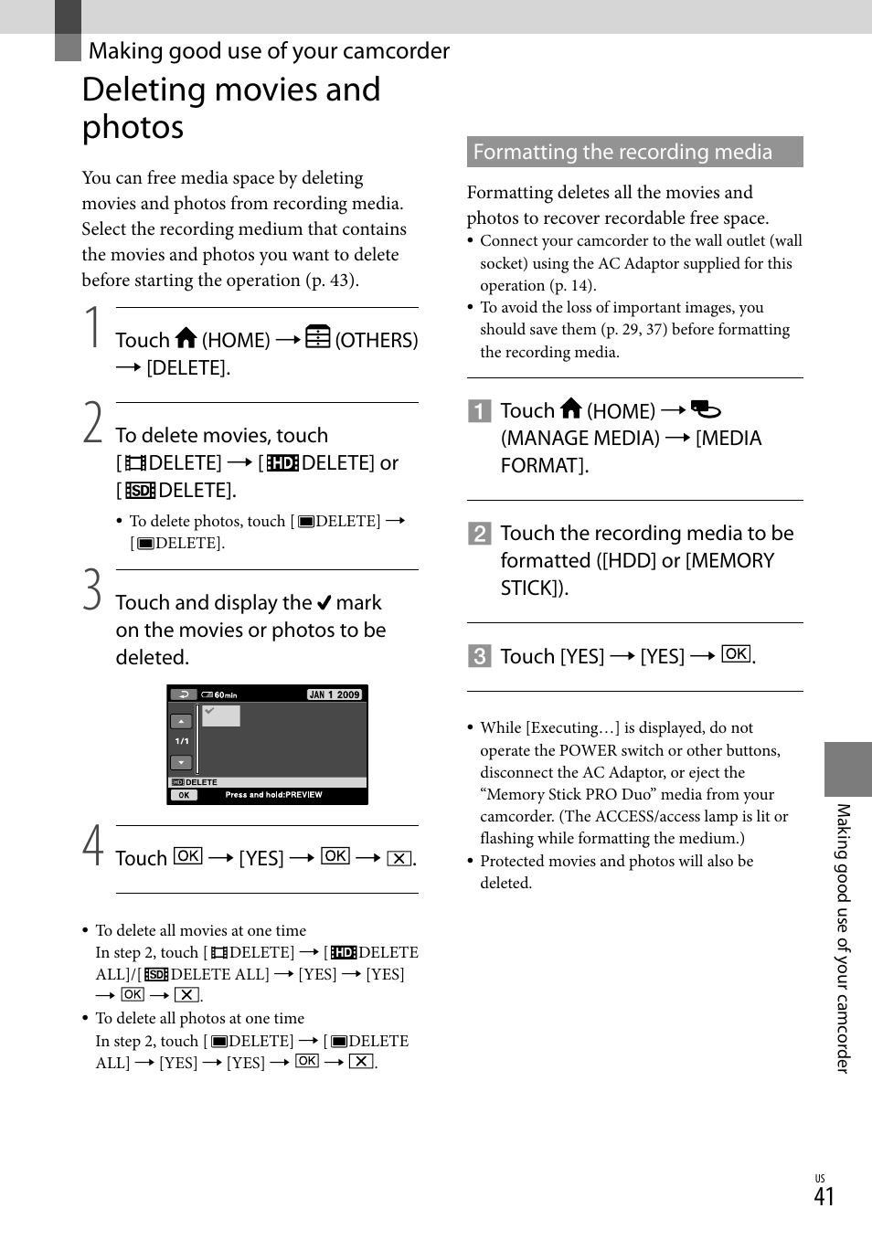 Making good use of your camcorder, Deleting movies and photos | Sony HDR-XR500V User Manual | Page 41 / 131