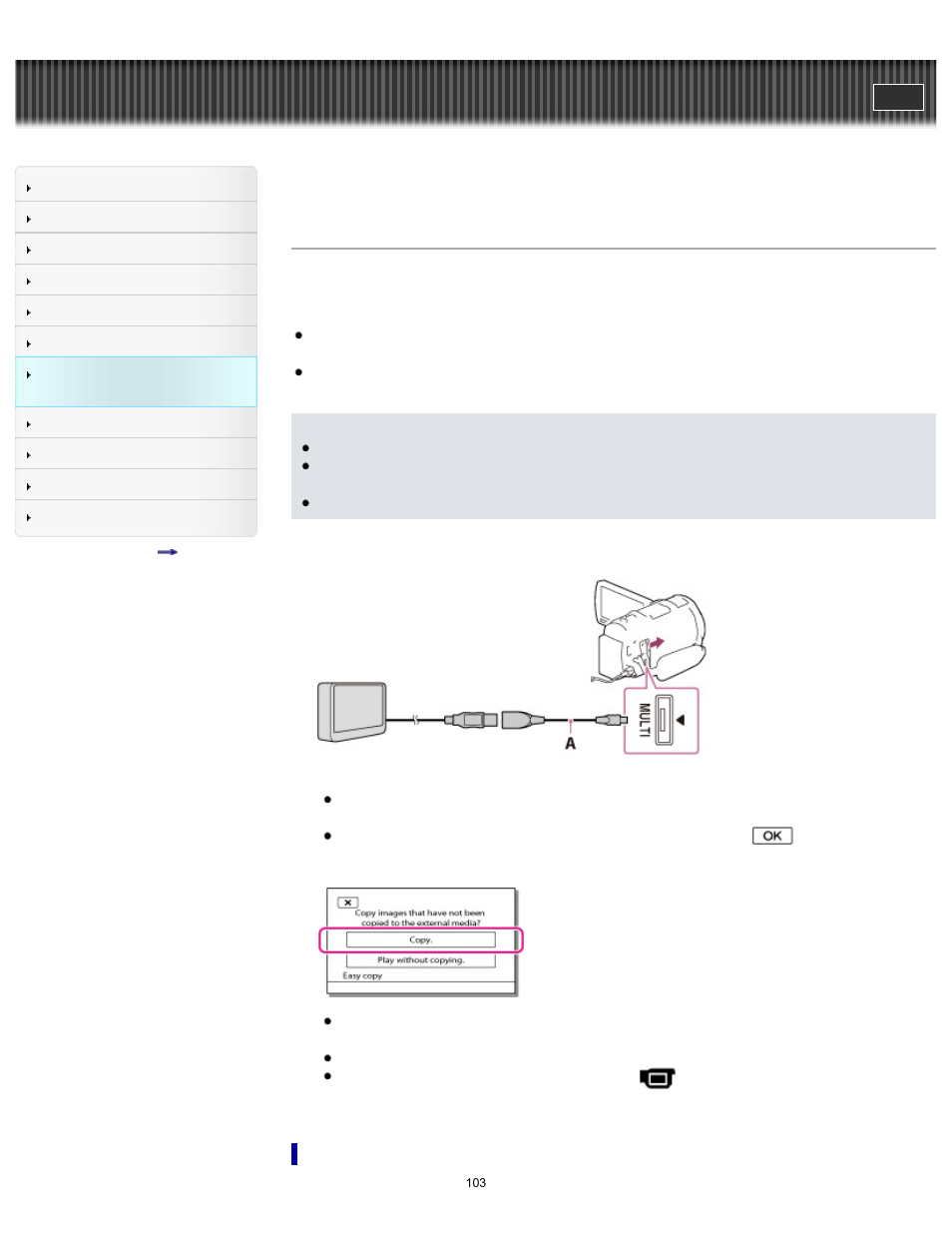 Saving images on an external media device easily, Handycam" user guide | Sony HDR-PJ650V User Manual | Page 103 / 287