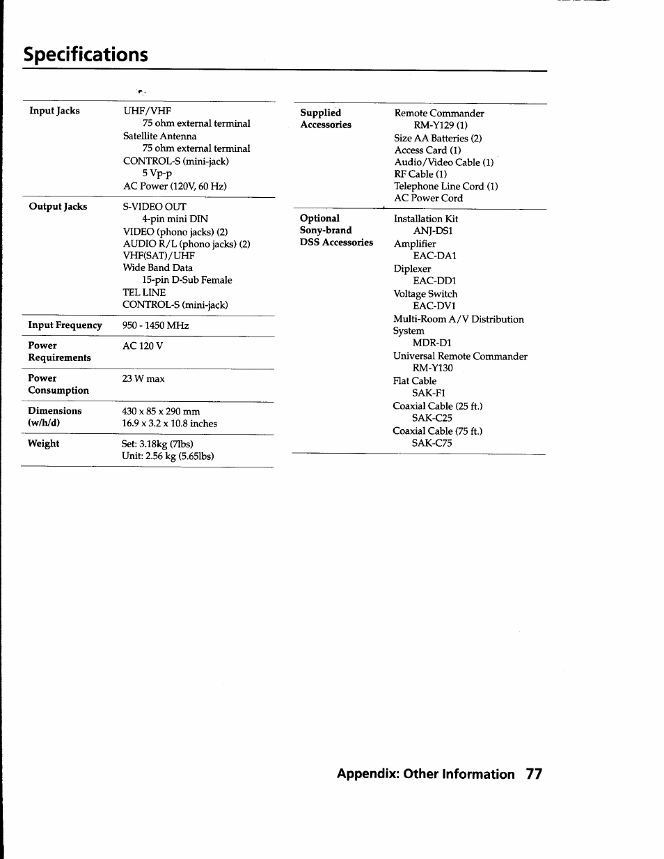 Specifications, Appendix: other information 77 | Sony SAT-B1 User Manual | Page 72 / 74