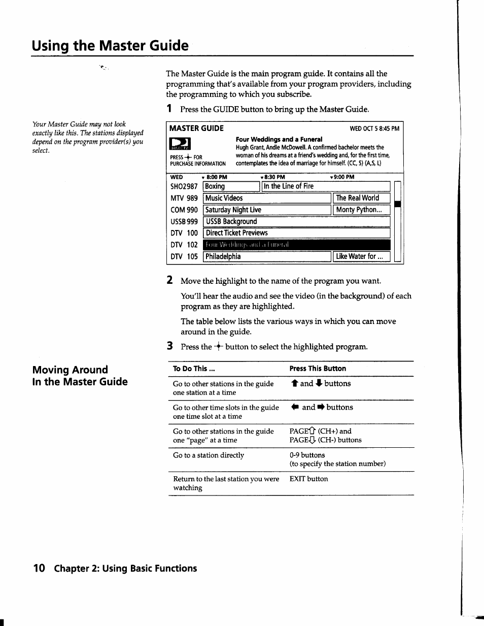 Using the master guide, Moving around in the master guide, 10 chapter 2: using basic functions | Master guide | Sony SAT-B1 User Manual | Page 9 / 74