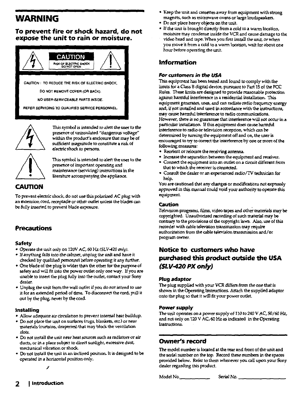 Warning, Caution, Precautions | Safety, Installing, Information, Plug adaptor, Power supply, Owner's record, 2 i introduction | Sony SLV-420 User Manual | Page 2 / 51
