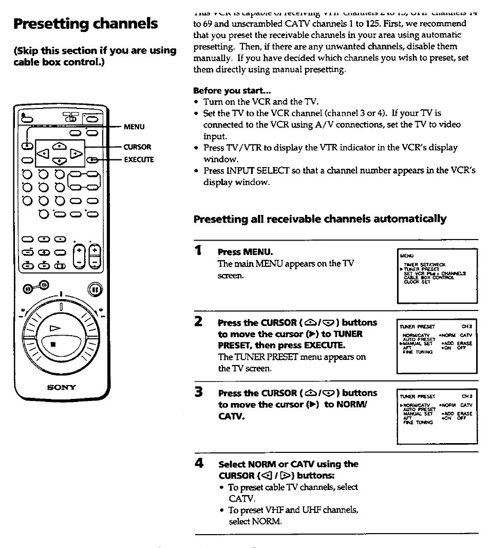 Presetting channels, Presetting all receivable channels automatically, 1 press menu | Press the cursor buttons, Cursor, Press menu. the main menu appears on the tv screen | Sony SLV-420 User Manual | Page 20 / 51