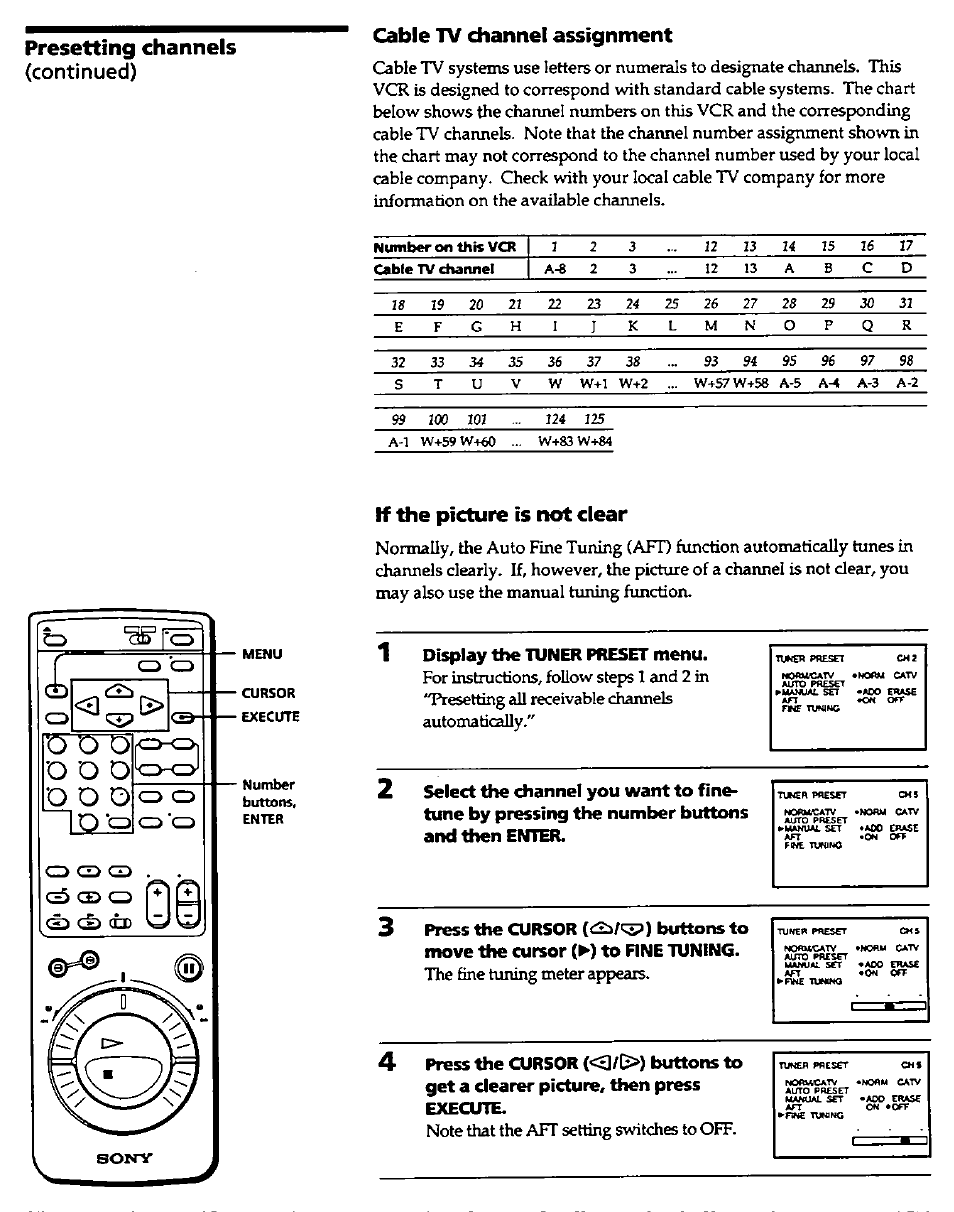 Cable tv channel assignment, If the picture is not clear, Display the tuner preset menu | Press the cursor buttons to, Presetting channels, Continued), Execute number buttons | Sony SLV-420 User Manual | Page 22 / 51