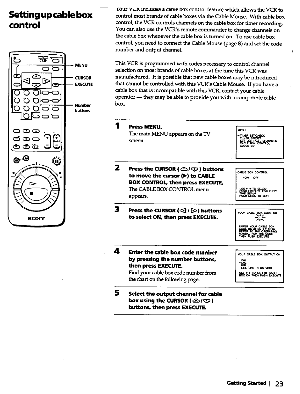 Setting upcable box control, 1 press menu, Press the cursor ( ) buttons | Sony SLV-420 User Manual | Page 23 / 51