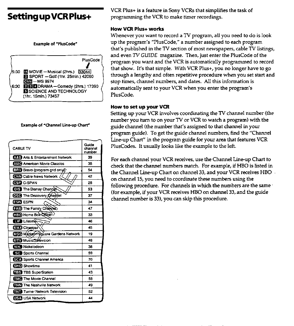 How vcr plus<f works, How to set up your vcr, Setting up vcr pius | Sony SLV-420 User Manual | Page 26 / 51