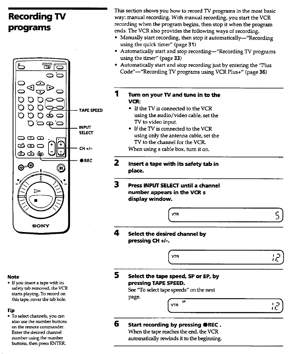 Turn on your tv and tune ¡n to the, Insert a tape with its safety tab in place, Select the desired channel by pressing ch | 6 start recording by pressing #rec, Recording tv programs | Sony SLV-420 User Manual | Page 30 / 51