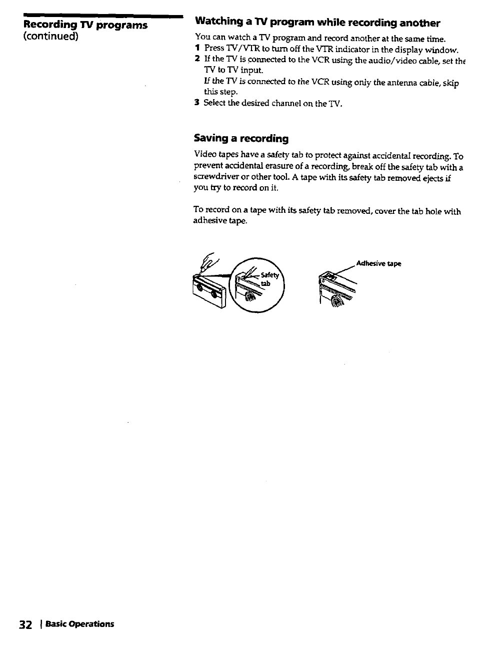 Watching a tv program while recording another, Saving a recording, Recording tv programs | Continued) | Sony SLV-420 User Manual | Page 32 / 51