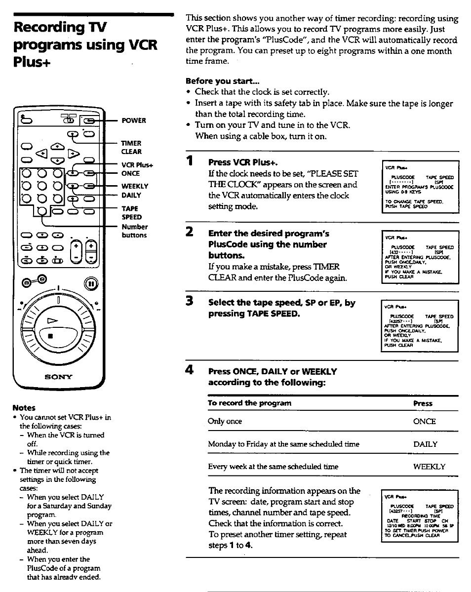 Recording tv programs using vcr pìus, Before you start, Press vcr plus-p | Recording tv programs using vcr, Pìus, Steps 1 to 4 | Sony SLV-420 User Manual | Page 36 / 51