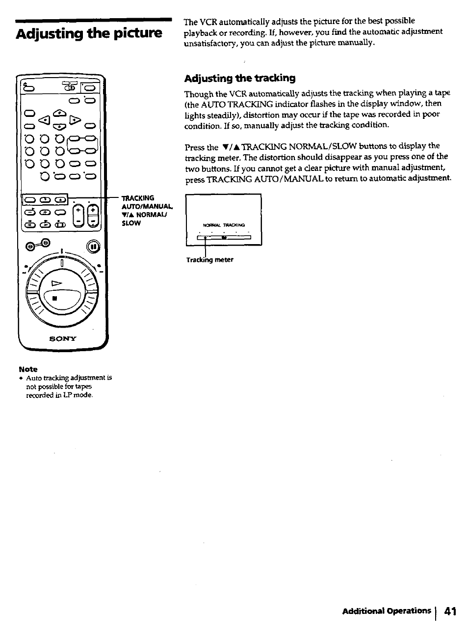 Adjusting the traddng, Adjusting the picture, O o o | I 41 | Sony SLV-420 User Manual | Page 41 / 51