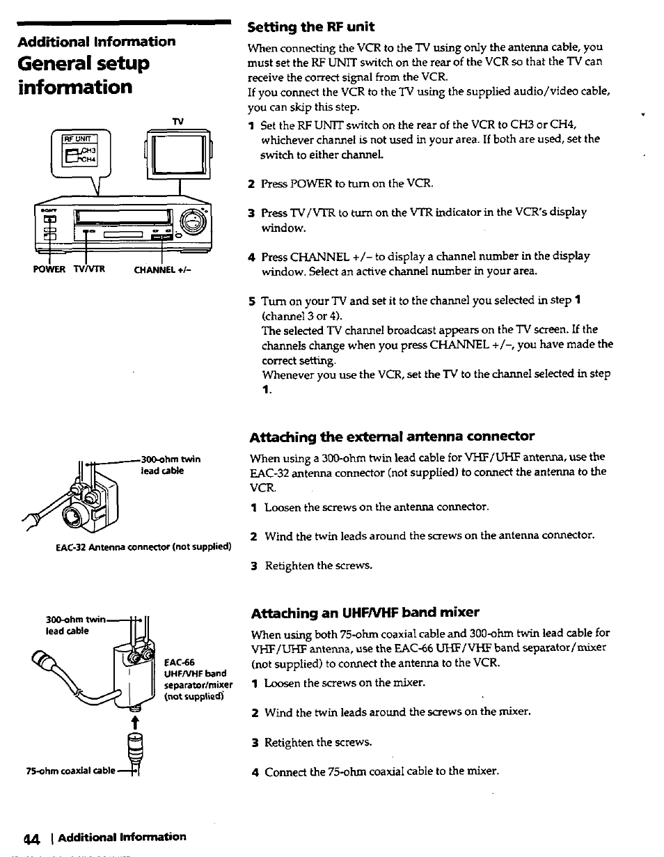 Setting the rf unit, Attaching the external antenna connector, Attaching an uhfa/hf band mixer | General setup information, Additional information | Sony SLV-420 User Manual | Page 44 / 51