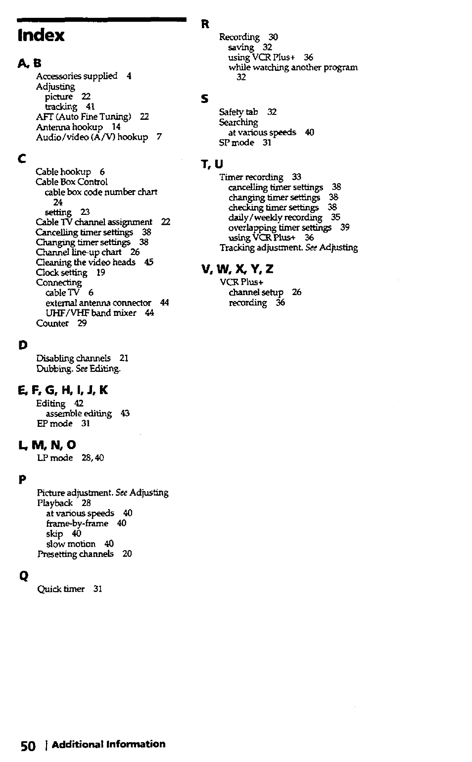 Index, V, w, x, y, 2, E, f, g, h, i, j, k | U m, n, o | Sony SLV-420 User Manual | Page 50 / 51