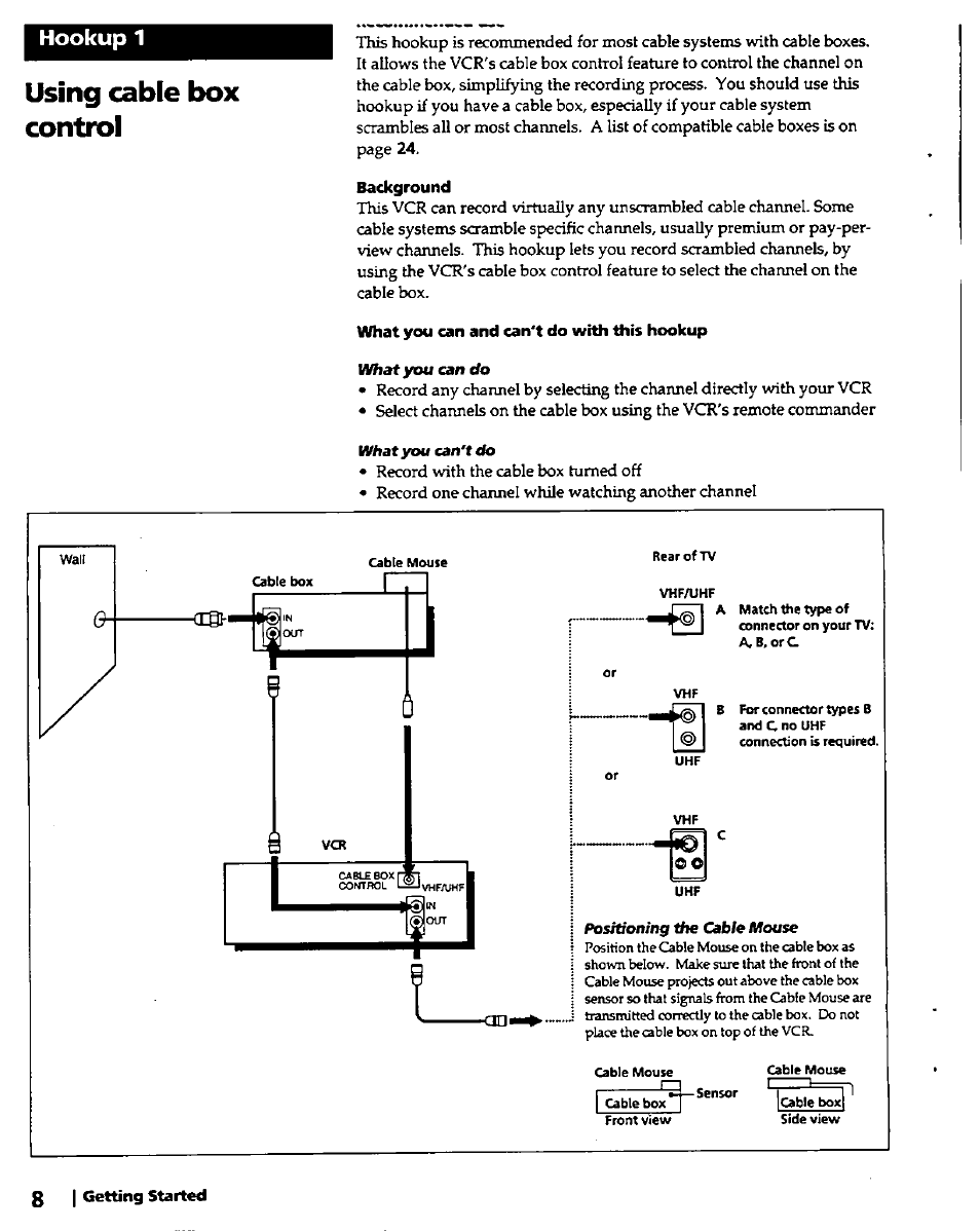 Using cable box control, Hookup 1 | Sony SLV-420 User Manual | Page 8 / 51