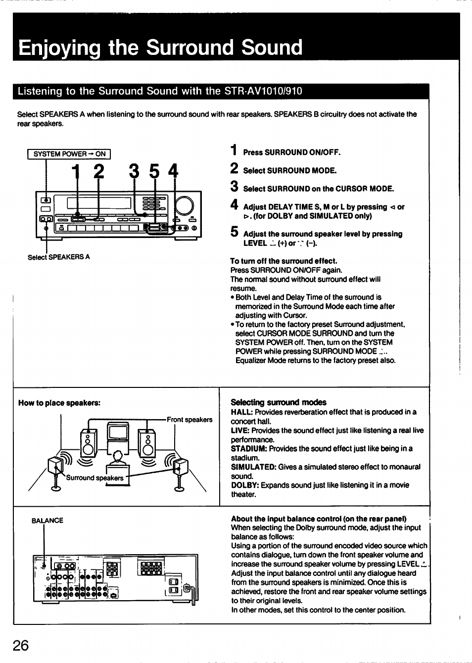 Enjoying the surround sound, Selecting sunound modes, Enjoying surround sound | Sony STR-AV910 User Manual | Page 26 / 39
