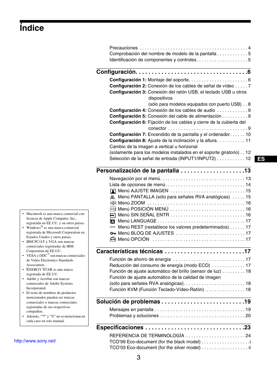Índice, Configuración, Personalización de la pantalla | Características técnicas, Solución de problemas, Especificaciones | Sony SDM-S205FB User Manual | Page 104 / 403