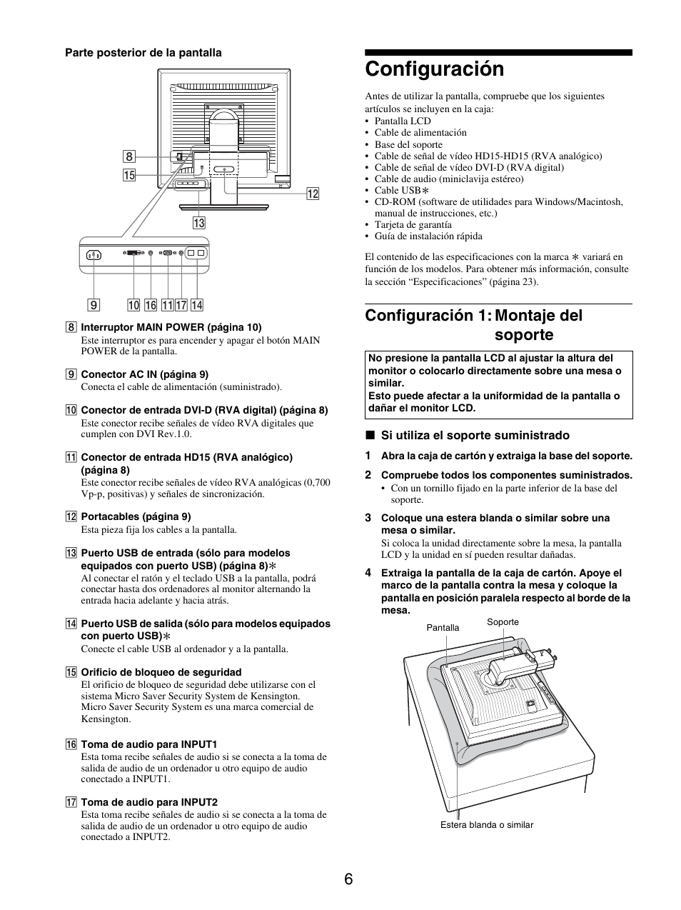Configuración, Configuración 1: montaje del soporte | Sony SDM-S205FB User Manual | Page 107 / 403