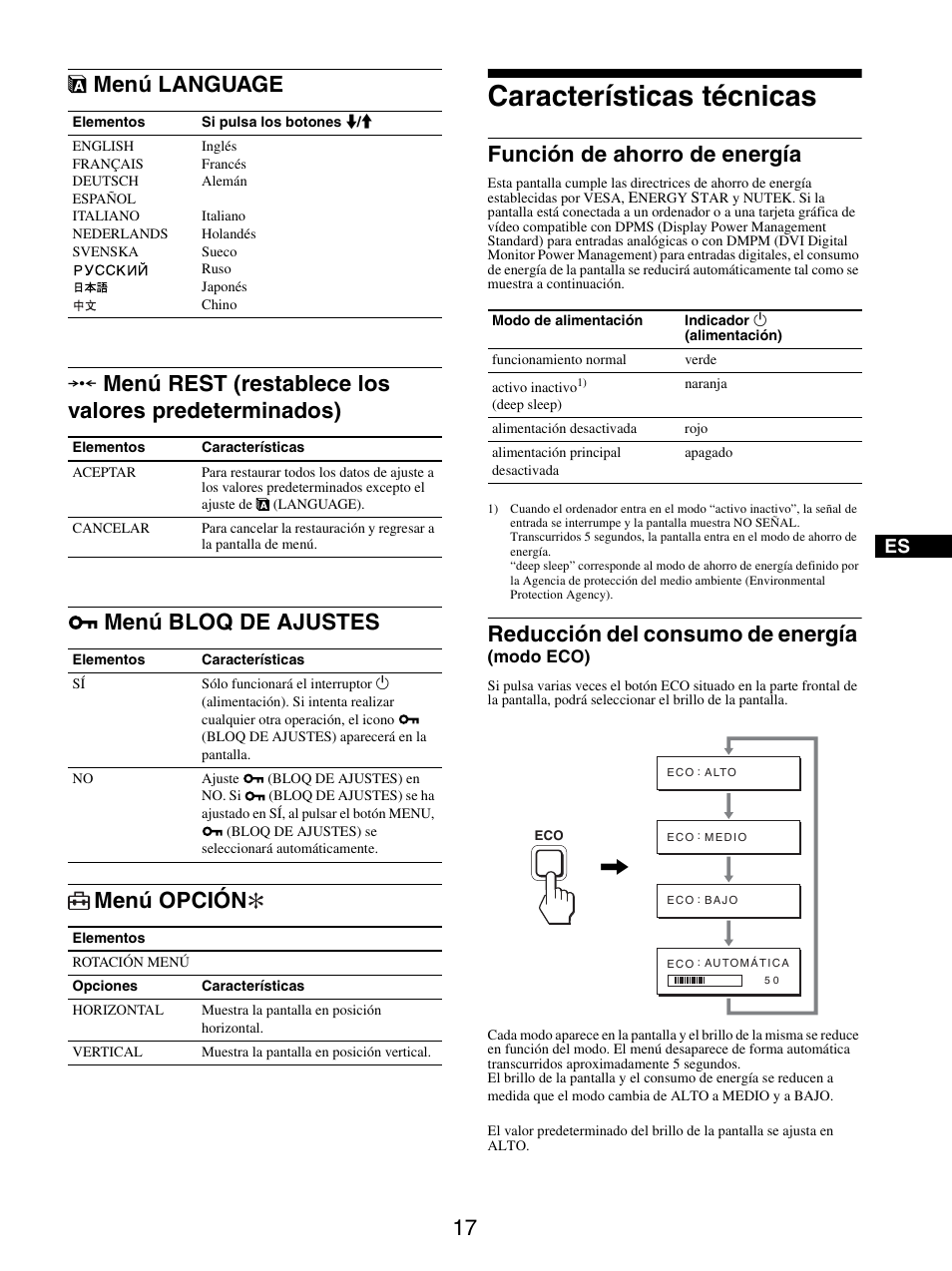 Menú language, Menú rest (restablece los valores predeterminados), Menú bloq de ajustes | Menú opción, Características técnicas, Función de ahorro de energía, Reducción del consumo de energía (modo eco), Menú bloq de ajustes menú opción, Reducción del consumo de energía | Sony SDM-S205FB User Manual | Page 118 / 403