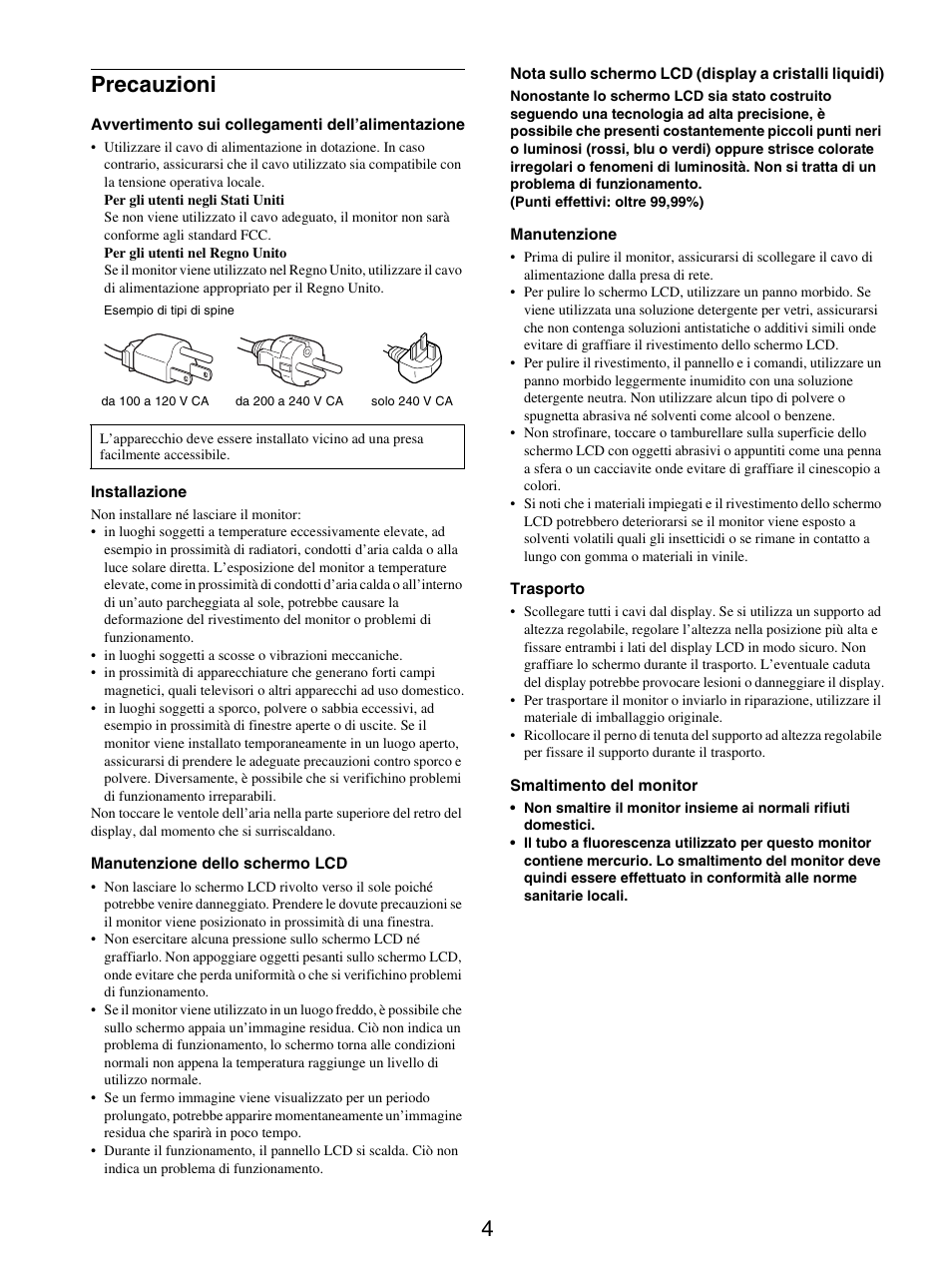 Precauzioni, 4precauzioni | Sony SDM-S205FB User Manual | Page 131 / 403