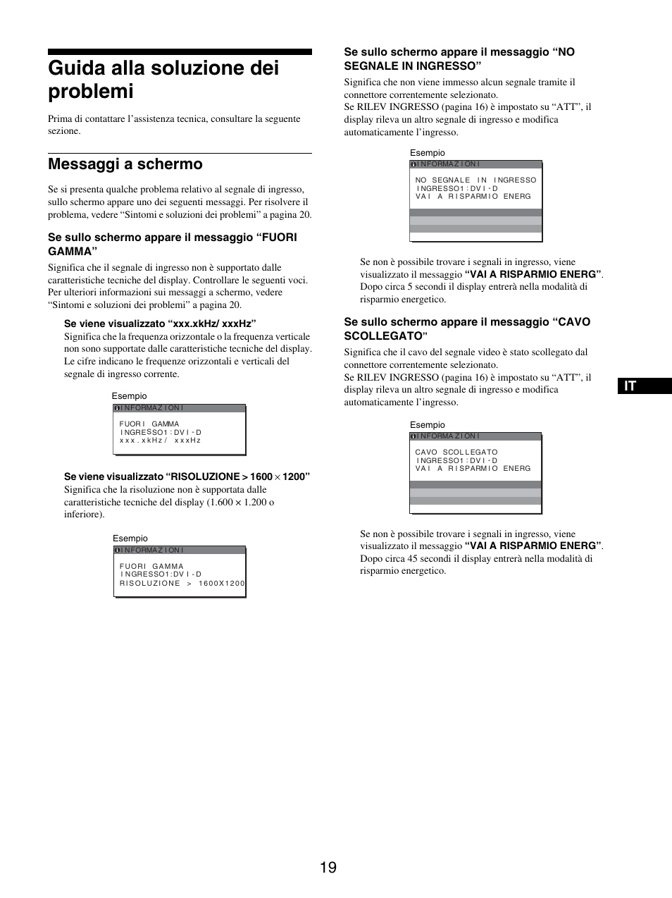 Guida alla soluzione dei problemi, Messaggi a schermo | Sony SDM-S205FB User Manual | Page 146 / 403