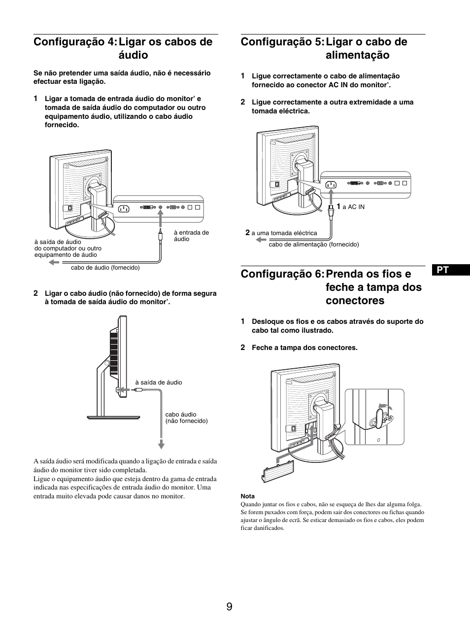 Configuração 4: ligar os cabos de áudio, Configuração 5: ligar o cabo de alimentação, Configuração 4:ligar os cabos de áudio | Configuração 5:ligar o cabo de alimentação | Sony SDM-S205FB User Manual | Page 161 / 403
