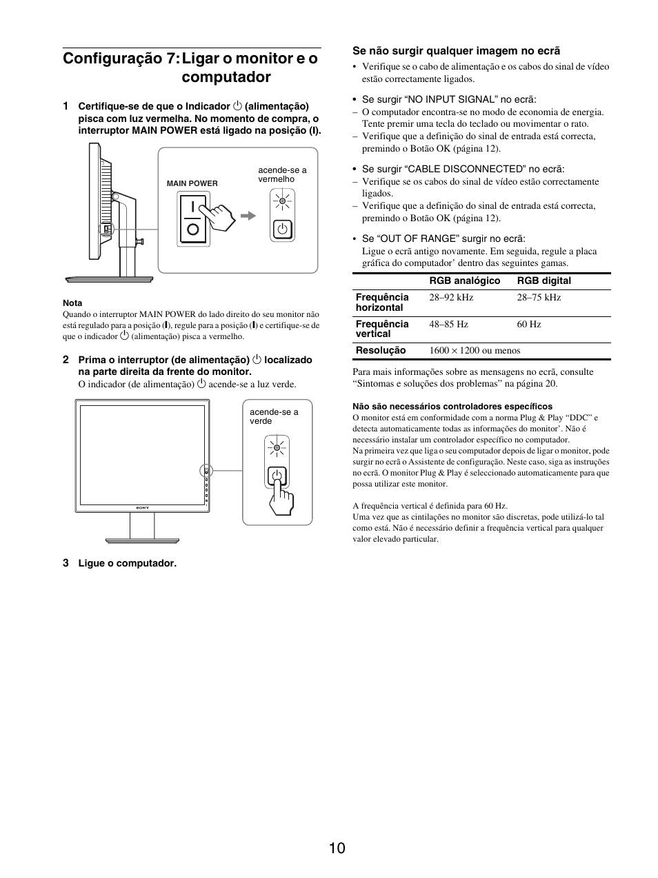 Configuração 7: ligar o monitor e o computador, 10 configuração 7:ligar o monitor e o computador | Sony SDM-S205FB User Manual | Page 162 / 403