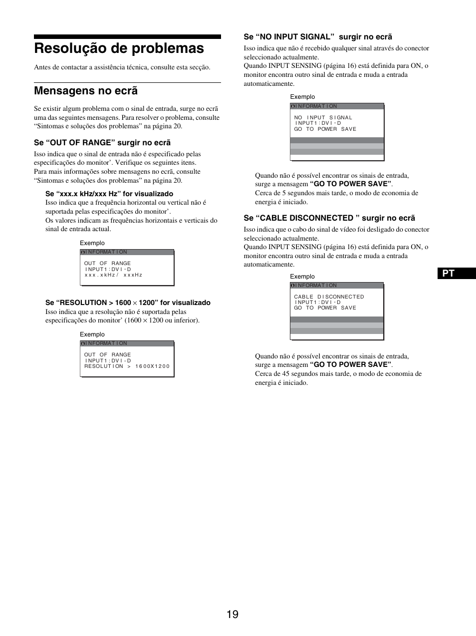 Resolução de problemas, Mensagens no ecrã | Sony SDM-S205FB User Manual | Page 171 / 403