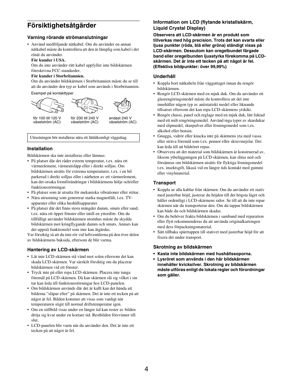 Försiktighetsåtgärder, 4försiktighetsåtgärder | Sony SDM-S205FB User Manual | Page 206 / 403