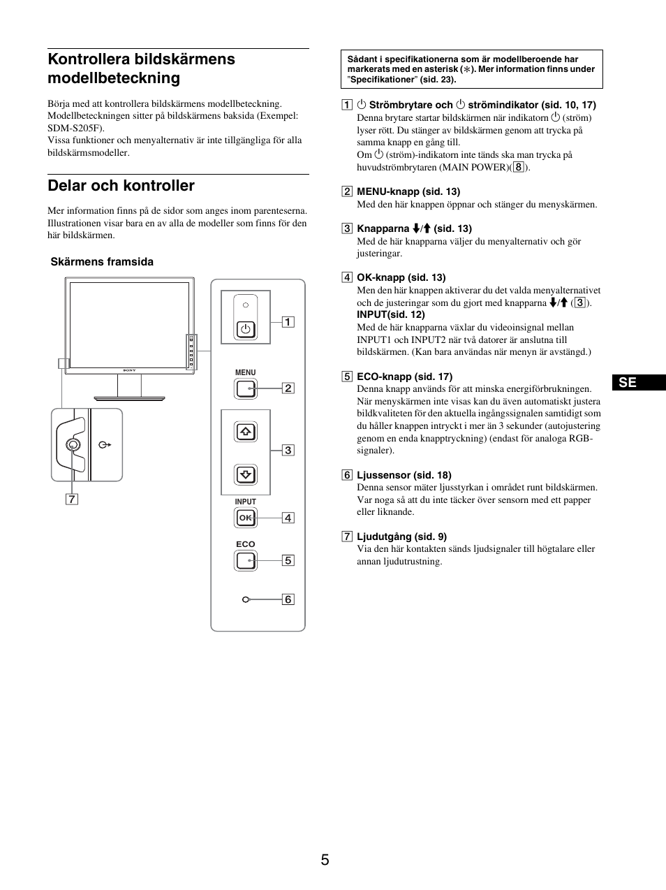Kontrollera bildskärmens modellbeteckning, Delar och kontroller, 5kontrollera bildskärmens modellbeteckning | Sony SDM-S205FB User Manual | Page 207 / 403