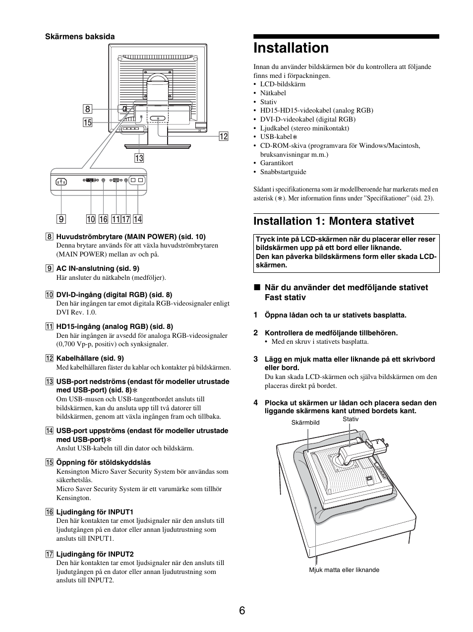 Installation, Installation 1: montera stativet | Sony SDM-S205FB User Manual | Page 208 / 403