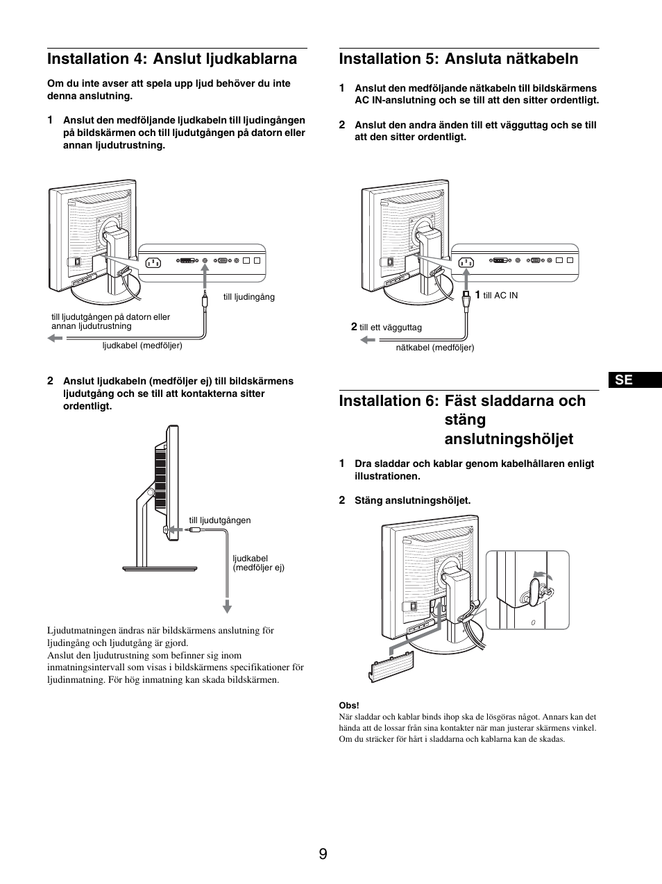 Installation 4: anslut ljudkablarna, Installation 5: ansluta nätkabeln, 9installation 4: anslut ljudkablarna | Sony SDM-S205FB User Manual | Page 211 / 403