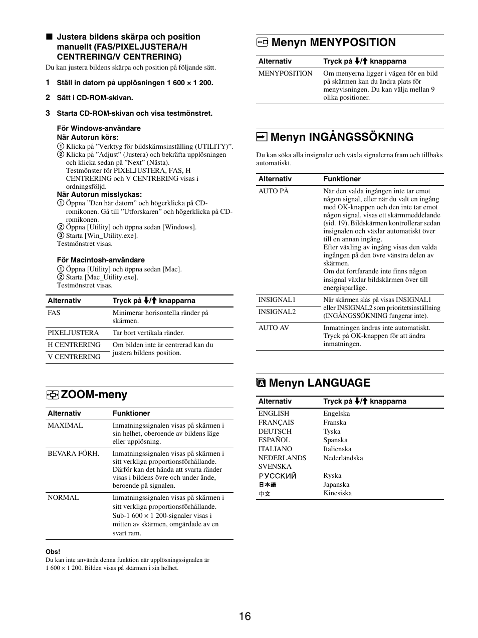 Zoom-meny, Menyn menyposition, Menyn ingångssökning | Menyn language, Menyn menyposition menyn ingångssökning | Sony SDM-S205FB User Manual | Page 218 / 403