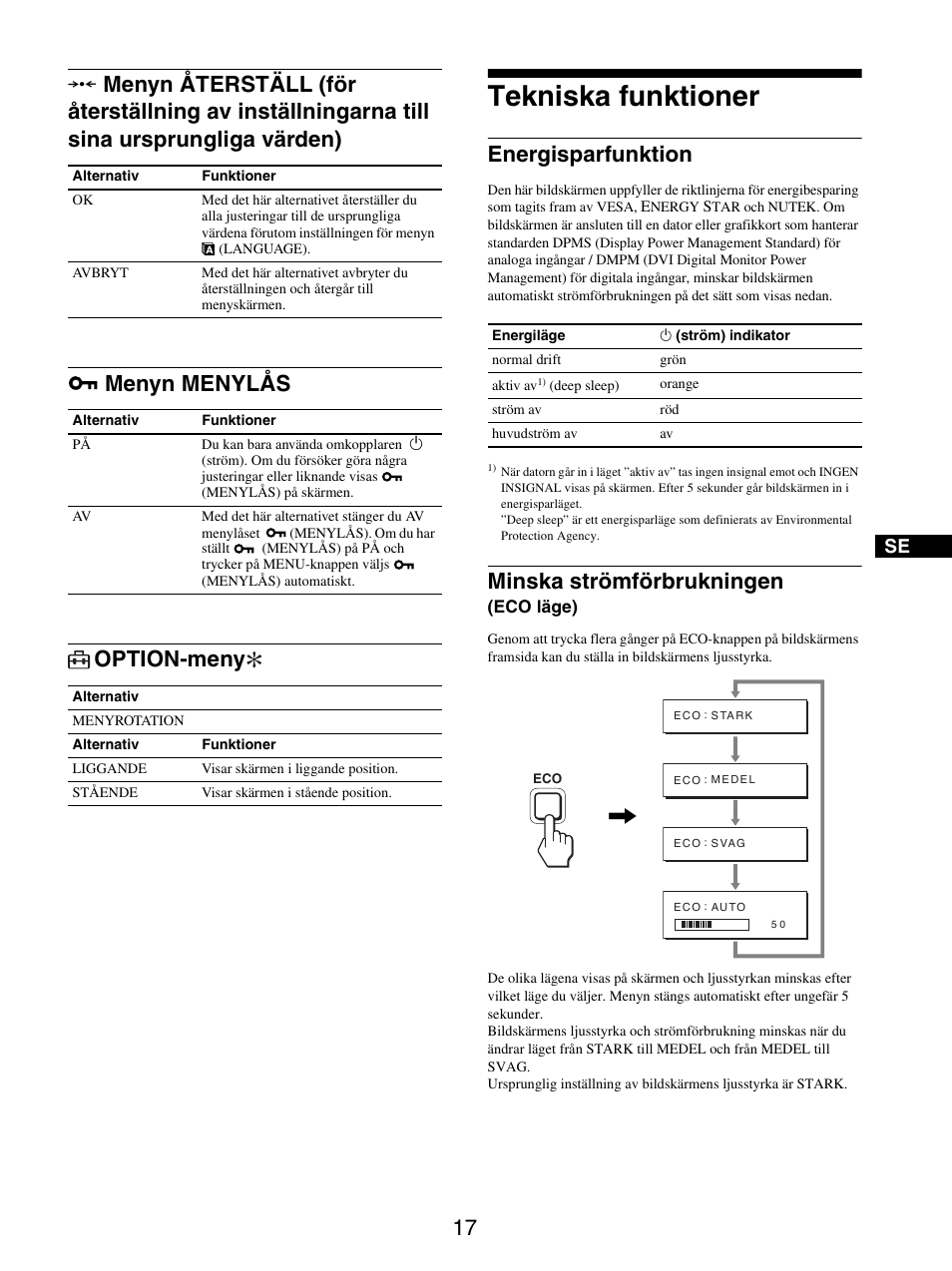 Menyn menylås, Option-meny, Tekniska funktioner | Energisparfunktion, Minska strömförbrukningen (eco läge), 0 menyn återställ, Minska strömförbrukningen | Sony SDM-S205FB User Manual | Page 219 / 403