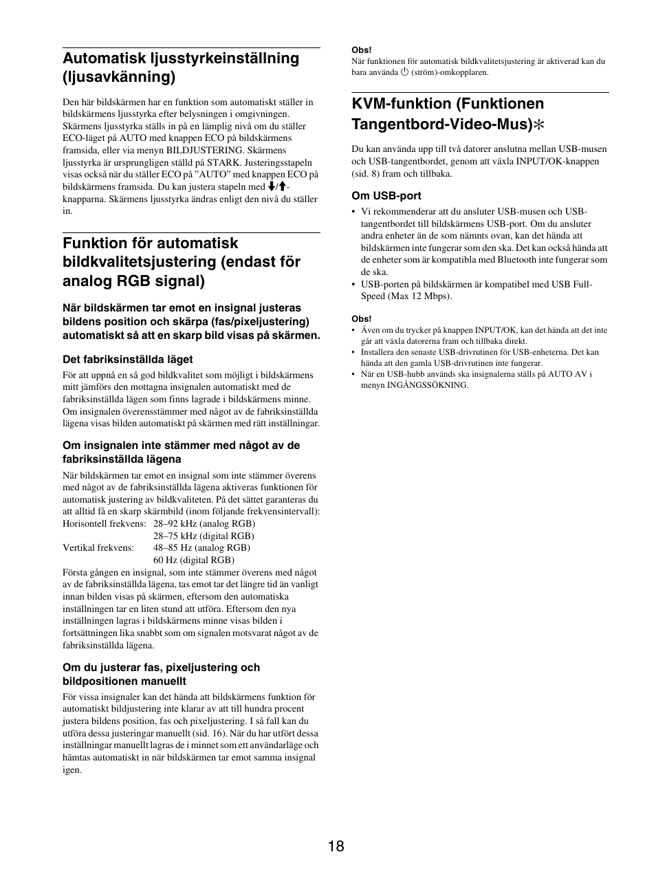 Automatisk ljusstyrkeinställning (ljusavkänning), Kvm-funktion (funktionen tangentbord-video-mus) | Sony SDM-S205FB User Manual | Page 220 / 403