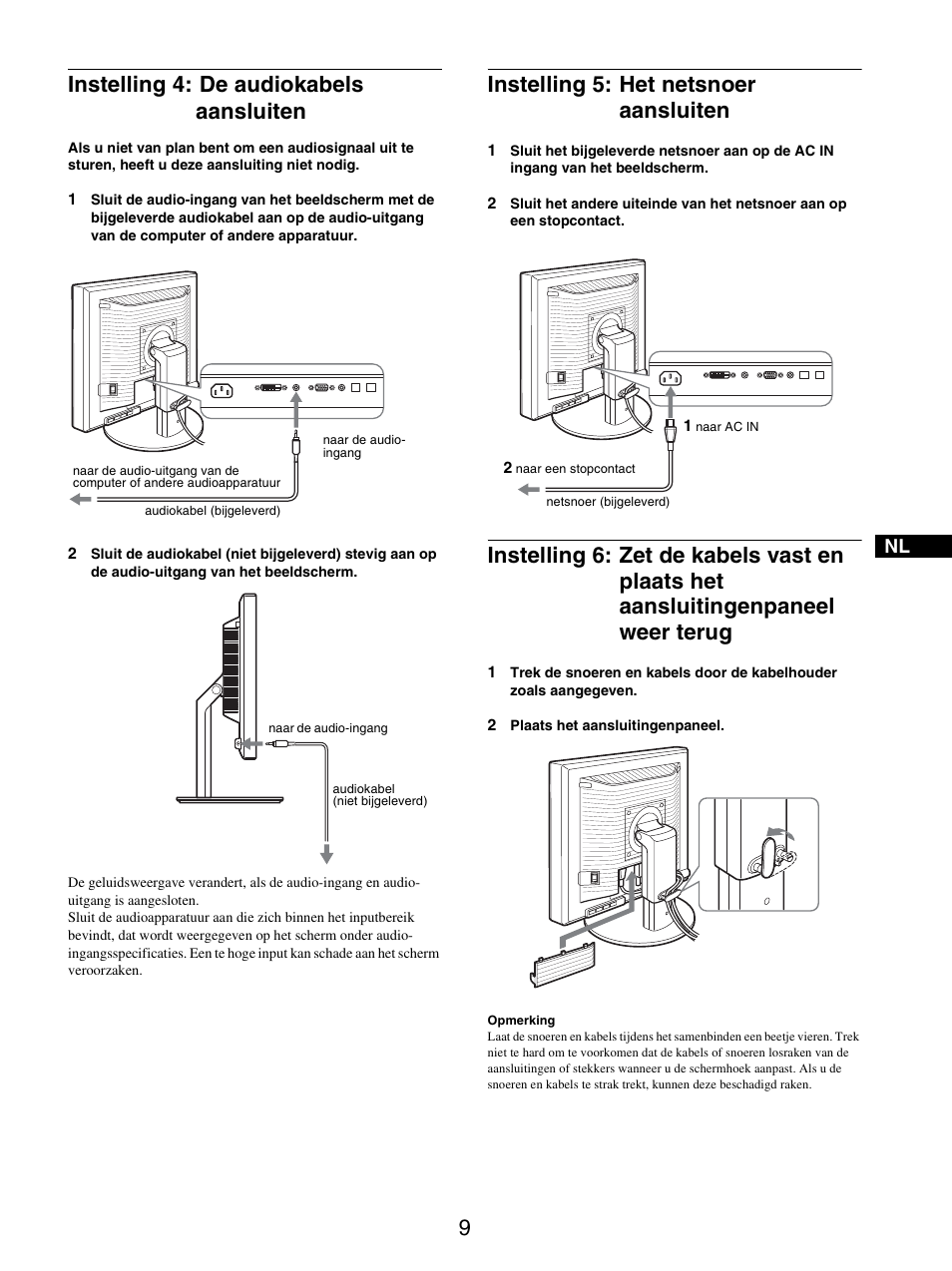 Instelling 4: de audiokabels aansluiten, Instelling 5: het netsnoer aansluiten, Weer terug | Sony SDM-S205FB User Manual | Page 236 / 403