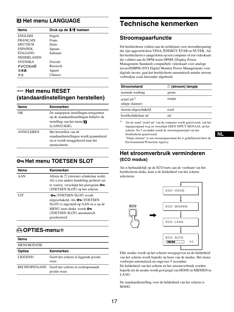 Het menu language, Het menu reset (standaardinstellingen herstellen), Het menu toetsen slot | Opties-menu, Technische kenmerken, Stroomspaarfunctie, Het stroomverbruik verminderen (eco modus), Het menu toetsen slot opties-menu, Het stroomverbruik verminderen | Sony SDM-S205FB User Manual | Page 244 / 403