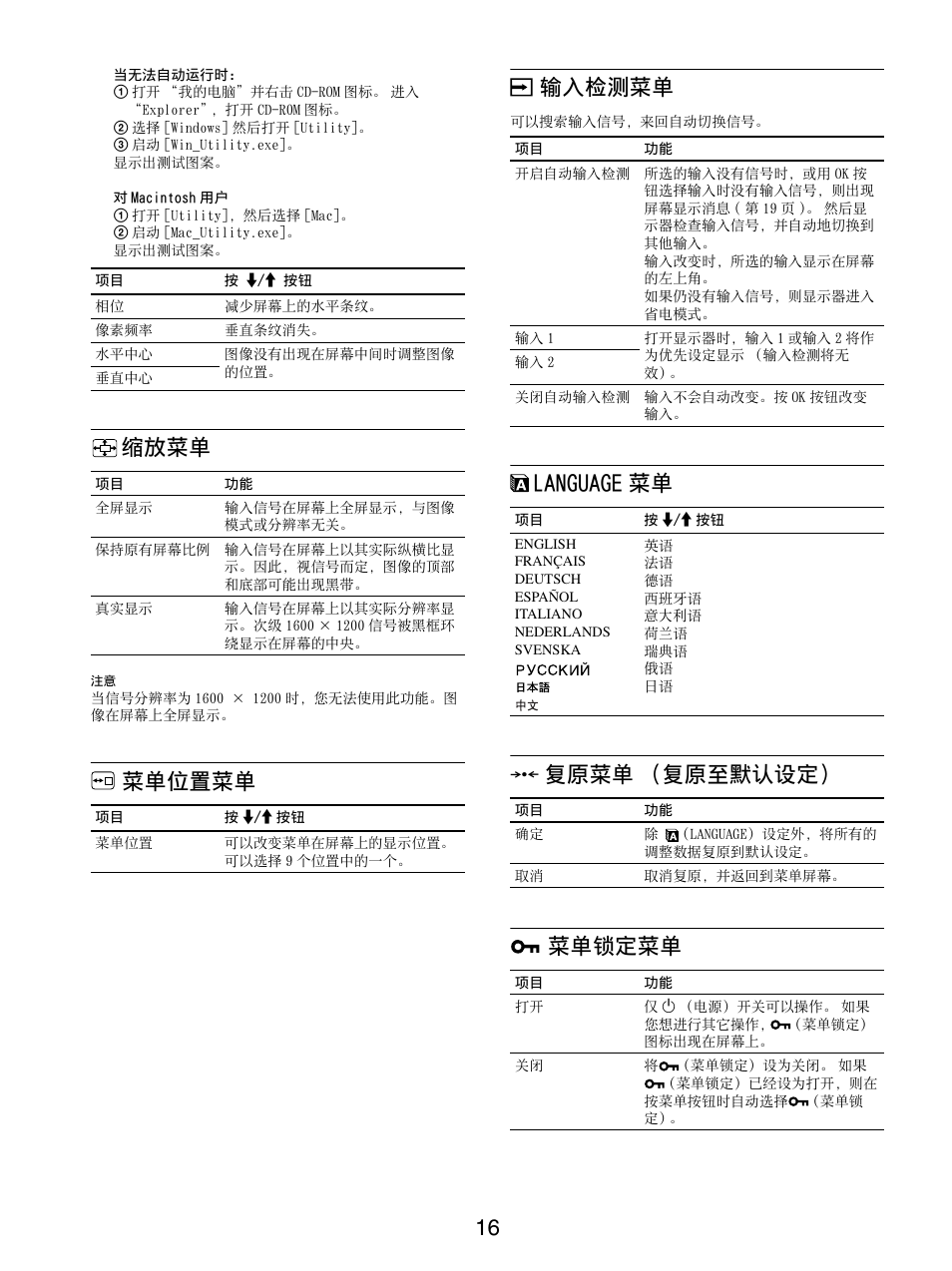 缩放菜单, 菜单位置菜单, 输入检测菜单 | Language菜单, 复原菜单（复原至默认设定, 菜单锁定菜单, 缩放菜单 菜单位置菜单 输入检测菜单 language 菜单, 复原菜单 （复原至默认设定, Language 菜单 0 复原菜单 （复原至默认设定 | Sony SDM-S205FB User Manual | Page 268 / 403