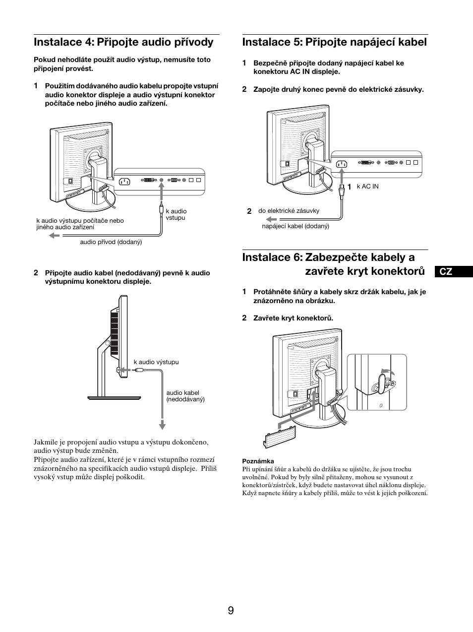 Instalace 4: připojte audio přívody, Instalace 5: připojte napájecí kabel | Sony SDM-S205FB User Manual | Page 286 / 403