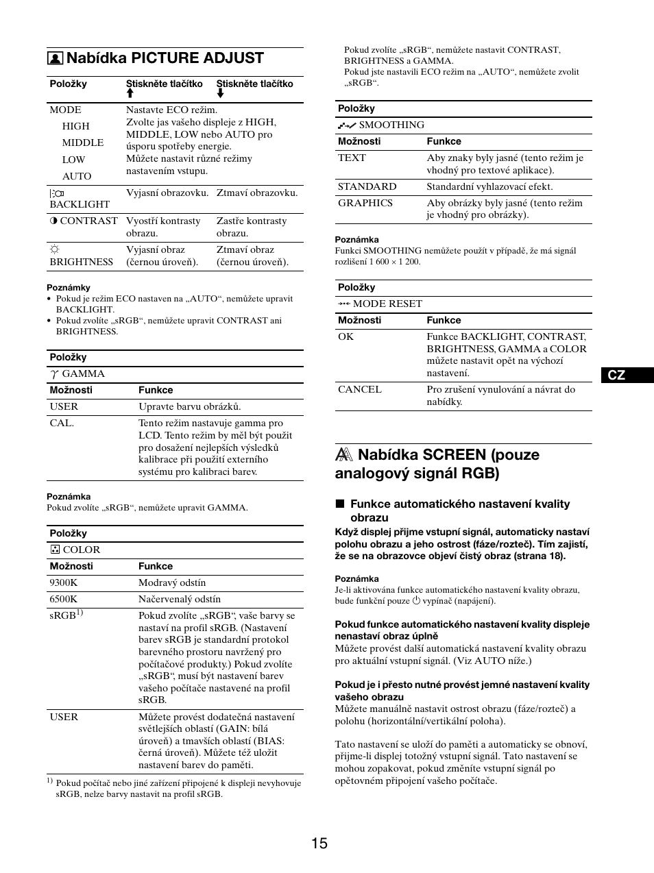 Nabídka picture adjust, Nabídka screen (pouze analogový signál rgb) | Sony SDM-S205FB User Manual | Page 292 / 403