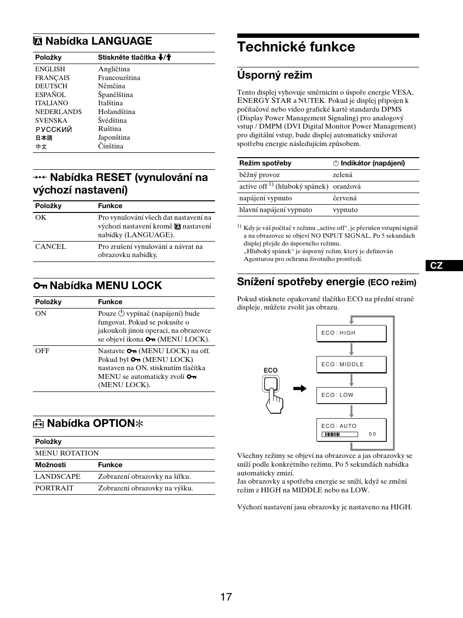 Nabídka language, Nabídka reset (vynulování na výchozí nastavení), Nabídka menu lock | Nabídka option, Technické funkce, Úsporný režim, Snížení spotřeby energie (eco režim), 0 nabídka reset (vynulování na výchozí nastavení), Nabídka menu lock nabídka option, Úsporný režim snížení spotřeby energie (eco režim) | Sony SDM-S205FB User Manual | Page 294 / 403