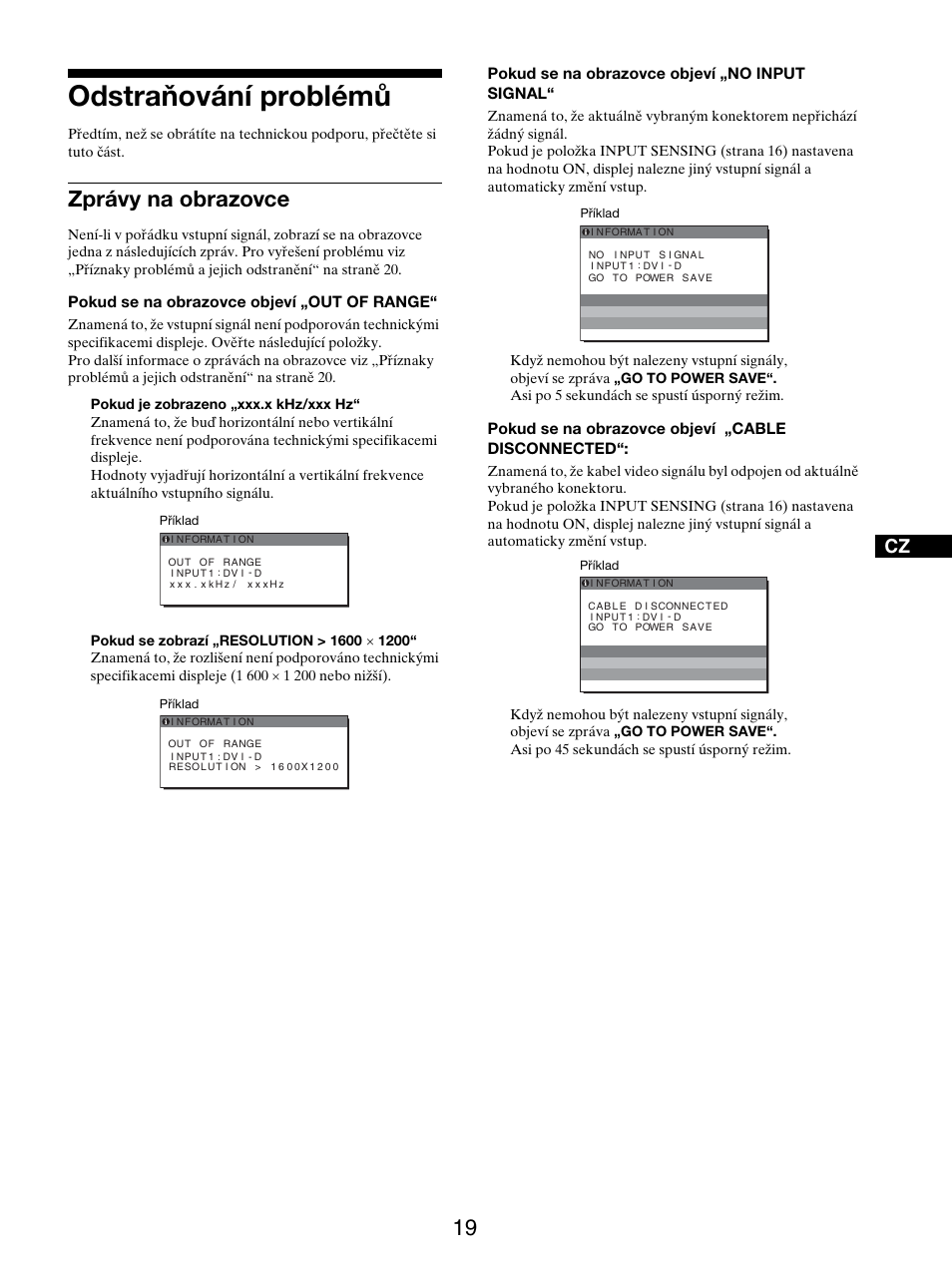 Odstraňování problémů, Zprávy na obrazovce | Sony SDM-S205FB User Manual | Page 296 / 403