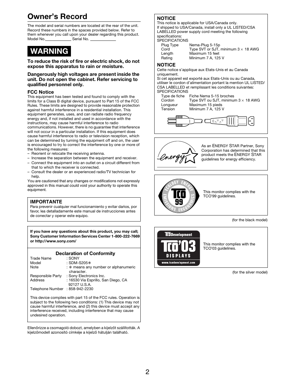 Owner’s record, Warning | Sony SDM-S205FB User Manual | Page 304 / 403