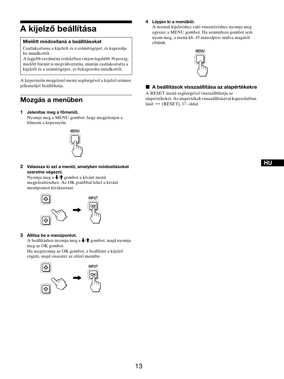 A kijelző beállítása, Mozgás a menüben | Sony SDM-S205FB User Manual | Page 315 / 403