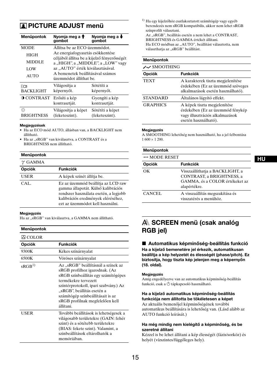 Picture adjust menü, Screen menü (csak analóg rgb jel) | Sony SDM-S205FB User Manual | Page 317 / 403