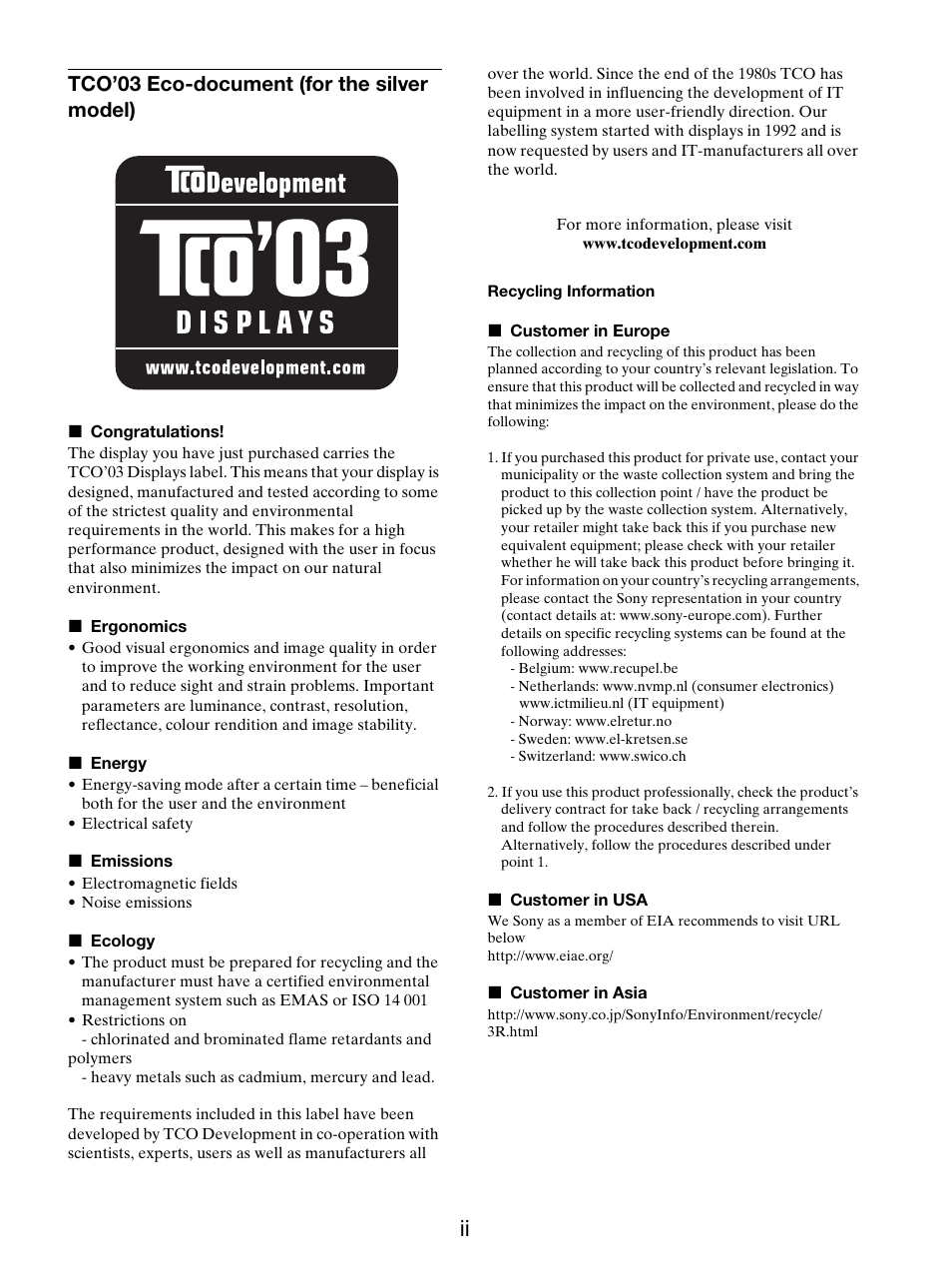 Tco’03 eco-document (for the silver model) | Sony SDM-S205FB User Manual | Page 327 / 403