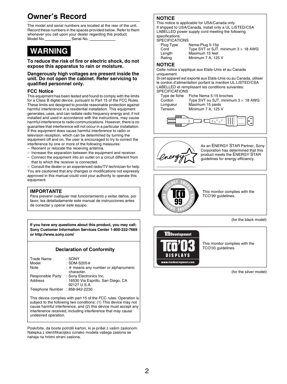 Owner’s record, Warning | Sony SDM-S205FB User Manual | Page 355 / 403
